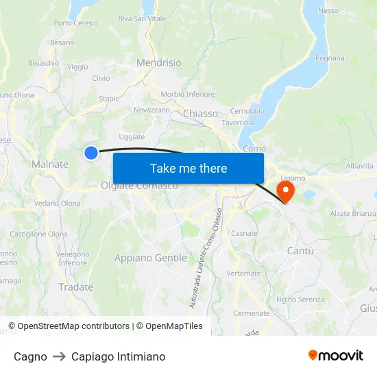 Cagno to Capiago Intimiano map