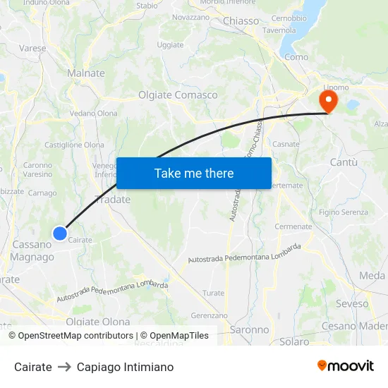Cairate to Capiago Intimiano map