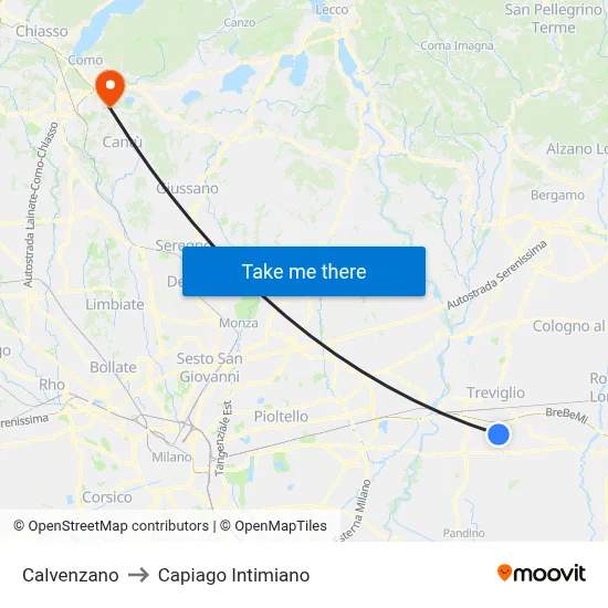Calvenzano to Capiago Intimiano map