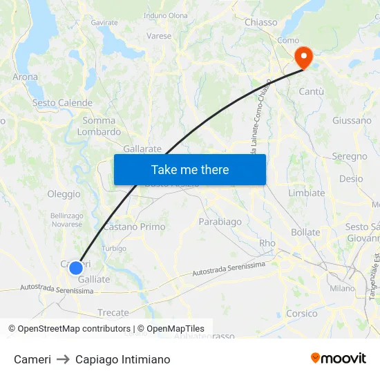 Cameri to Capiago Intimiano map