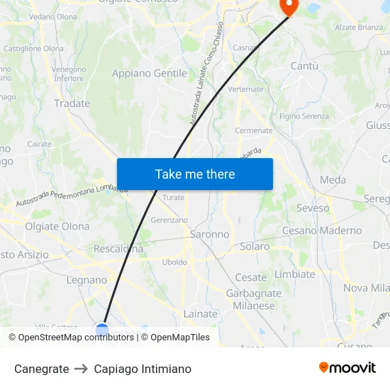 Canegrate to Capiago Intimiano map
