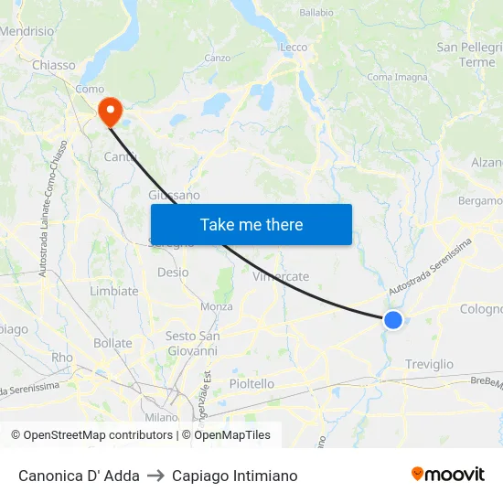 Canonica D' Adda to Capiago Intimiano map