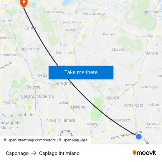 Caponago to Capiago Intimiano map