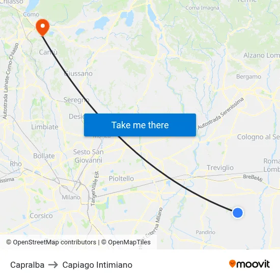 Capralba to Capiago Intimiano map