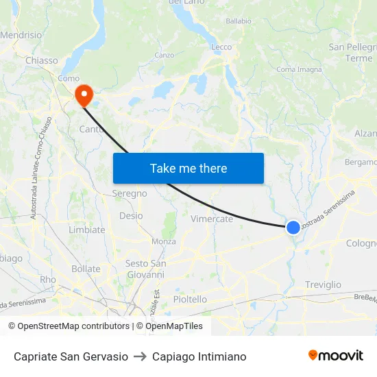 Capriate San Gervasio to Capiago Intimiano map