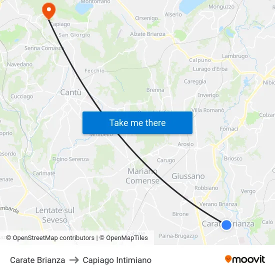 Carate Brianza to Capiago Intimiano map