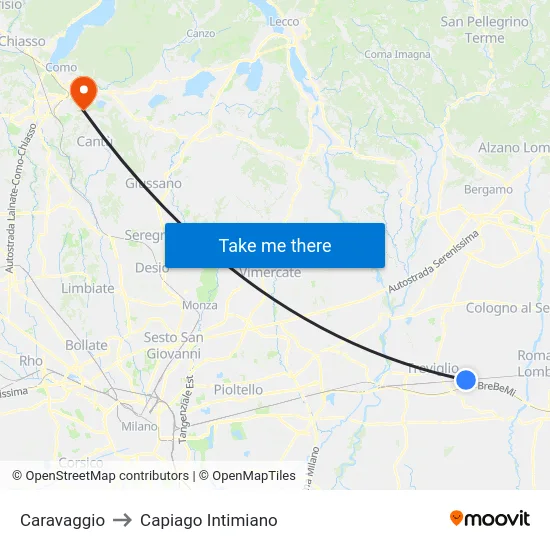 Caravaggio to Capiago Intimiano map