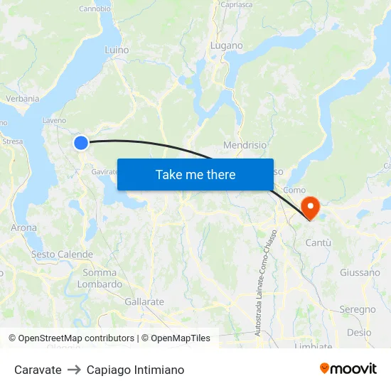 Caravate to Capiago Intimiano map