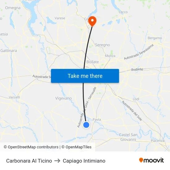 Carbonara Al Ticino to Capiago Intimiano map