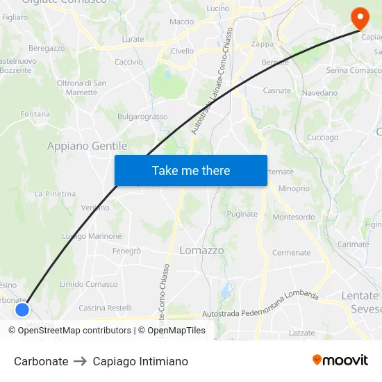 Carbonate to Capiago Intimiano map