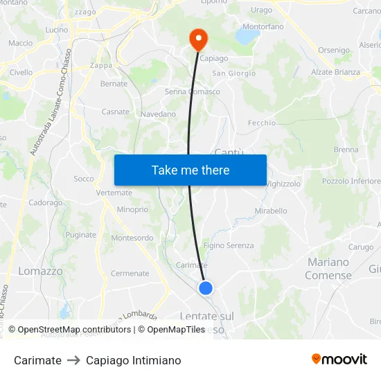 Carimate to Capiago Intimiano map