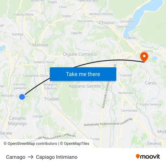 Carnago to Capiago Intimiano map