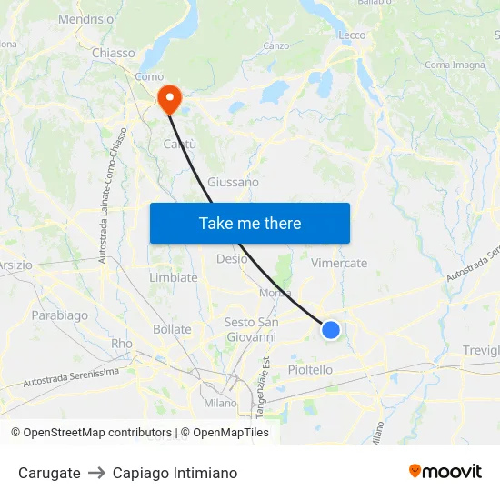 Carugate to Capiago Intimiano map