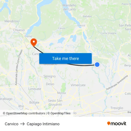 Carvico to Capiago Intimiano map