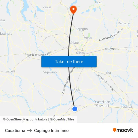 Casatisma to Capiago Intimiano map
