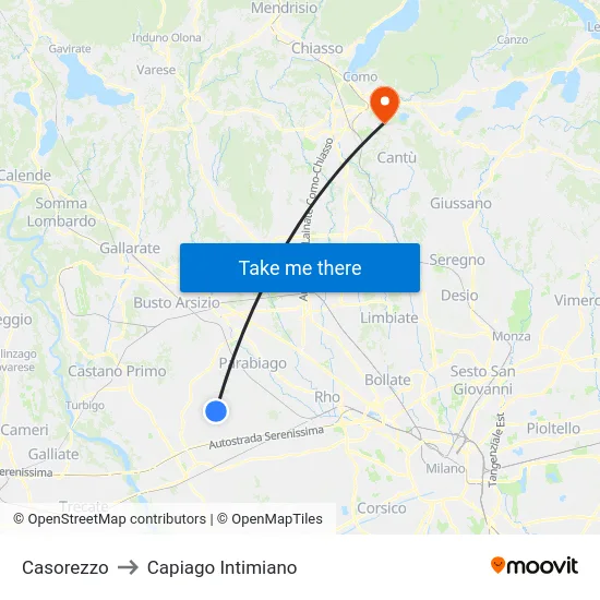 Casorezzo to Capiago Intimiano map