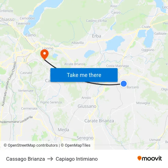 Cassago Brianza to Capiago Intimiano map