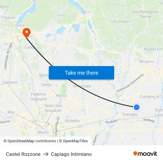 Castel Rozzone to Capiago Intimiano map