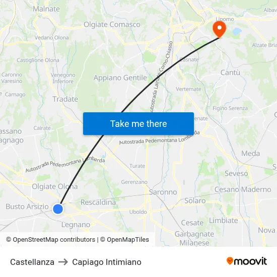 Castellanza to Capiago Intimiano map