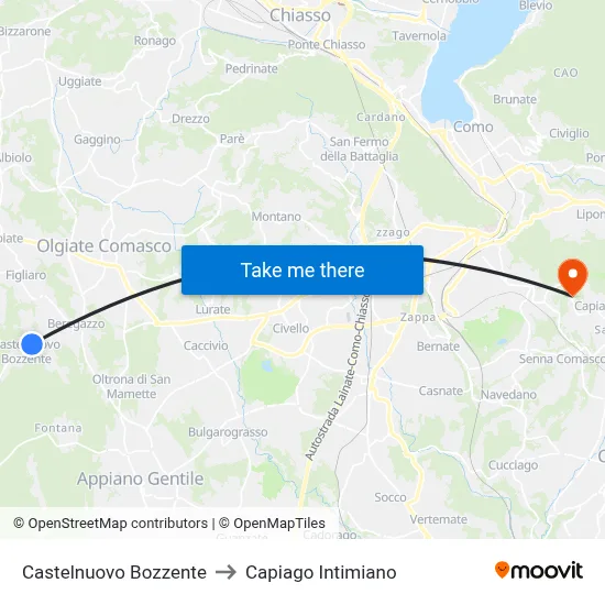 Castelnuovo Bozzente to Capiago Intimiano map