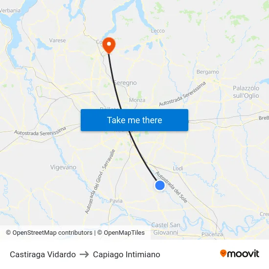 Castiraga Vidardo to Capiago Intimiano map