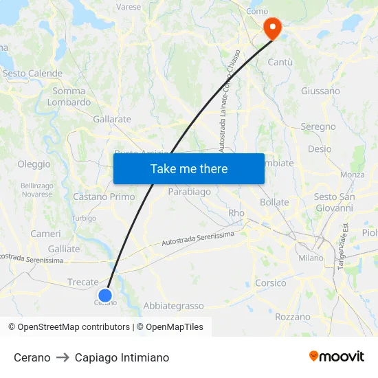 Cerano to Capiago Intimiano map
