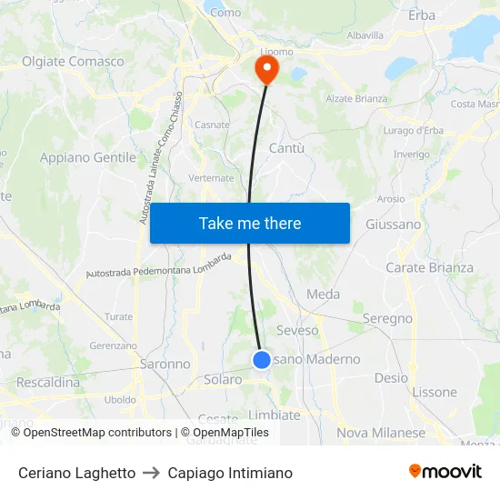 Ceriano Laghetto to Capiago Intimiano map