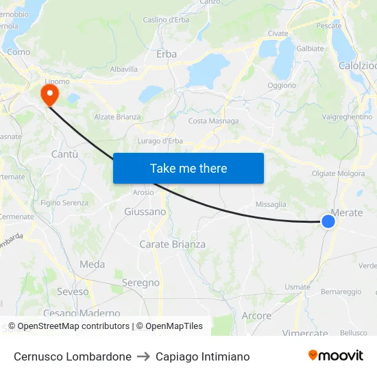 Cernusco Lombardone to Capiago Intimiano map