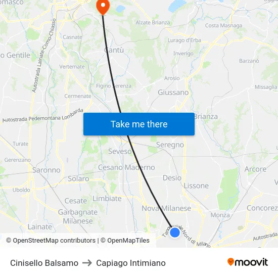 Cinisello Balsamo to Capiago Intimiano map