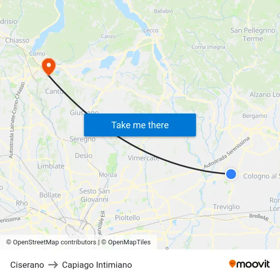 Ciserano to Capiago Intimiano map