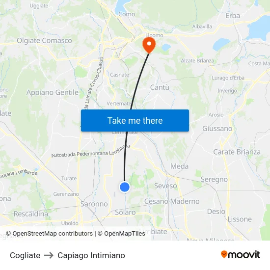 Cogliate to Capiago Intimiano map