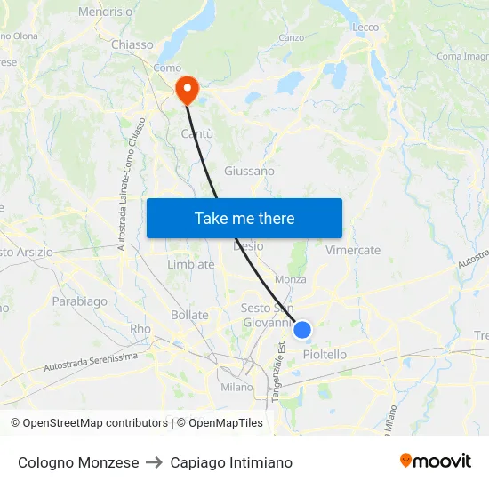 Cologno Monzese to Capiago Intimiano map