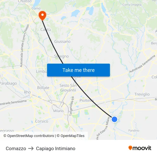 Comazzo to Capiago Intimiano map
