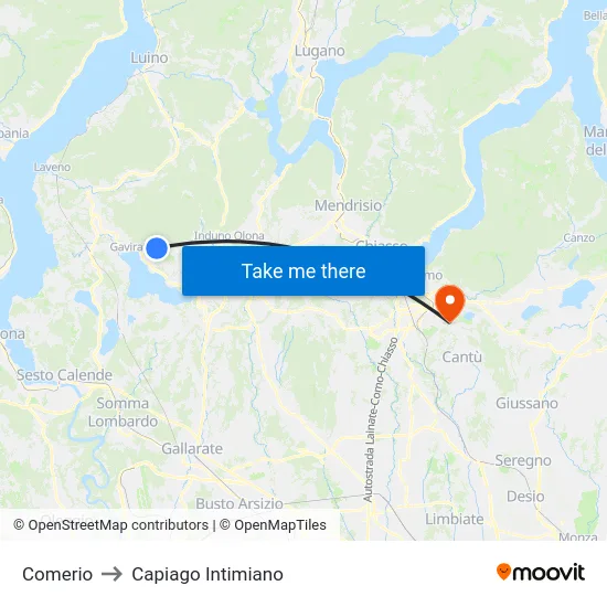 Comerio to Capiago Intimiano map