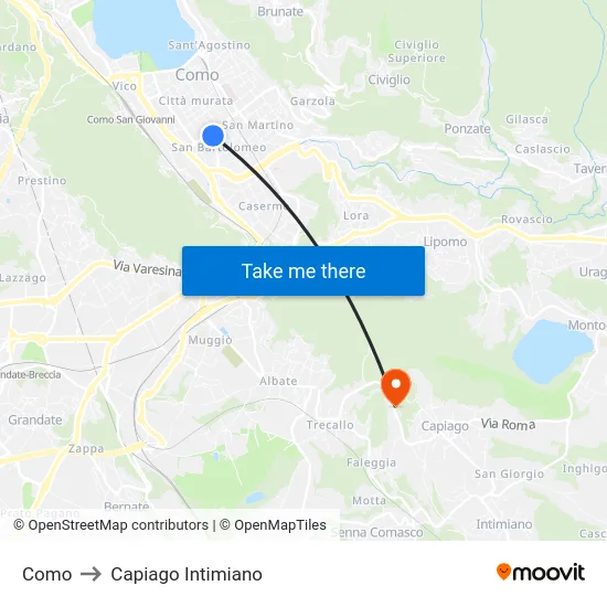 Como to Capiago Intimiano map