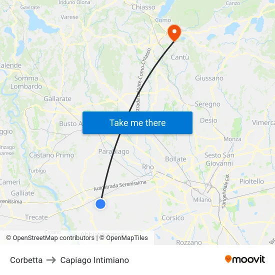 Corbetta to Capiago Intimiano map