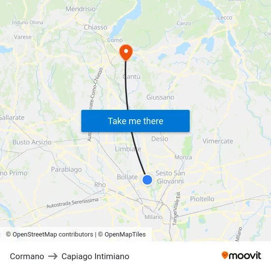 Cormano to Capiago Intimiano map