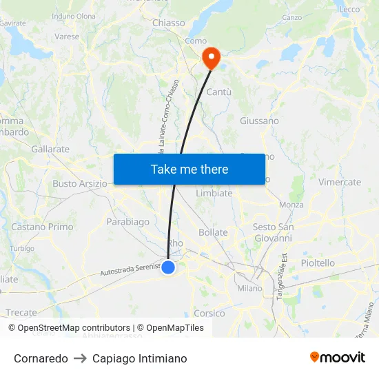 Cornaredo to Capiago Intimiano map