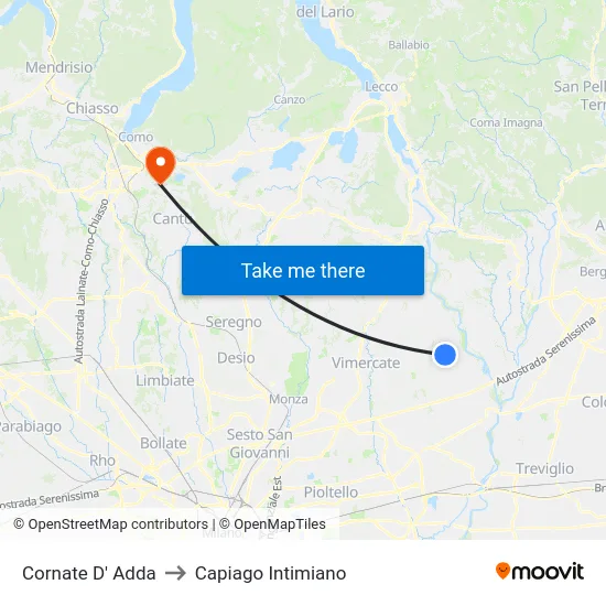 Cornate D' Adda to Capiago Intimiano map