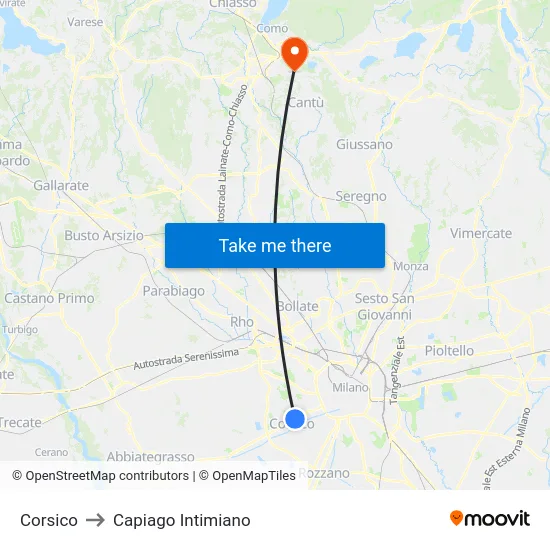 Corsico to Capiago Intimiano map