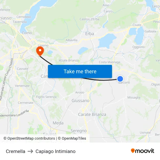 Cremella to Capiago Intimiano map