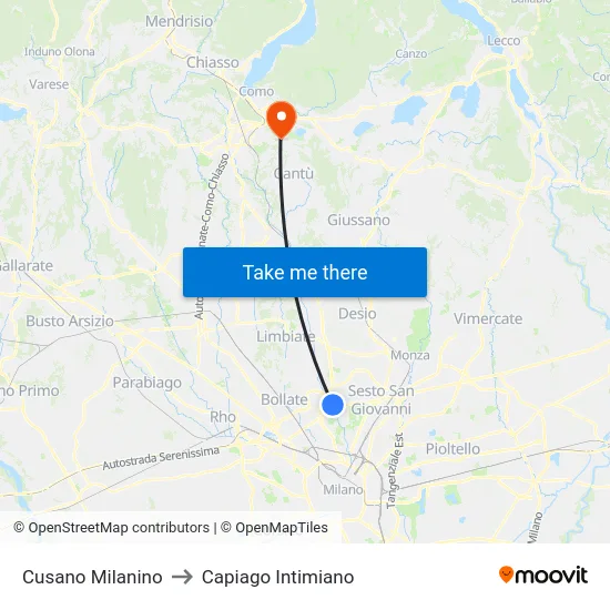 Cusano Milanino to Capiago Intimiano map