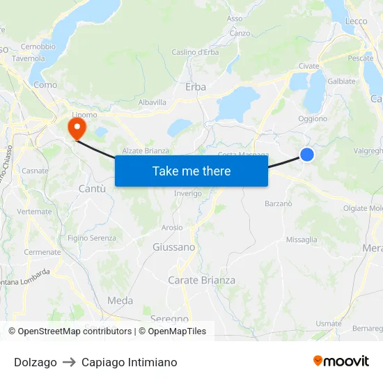 Dolzago to Capiago Intimiano map