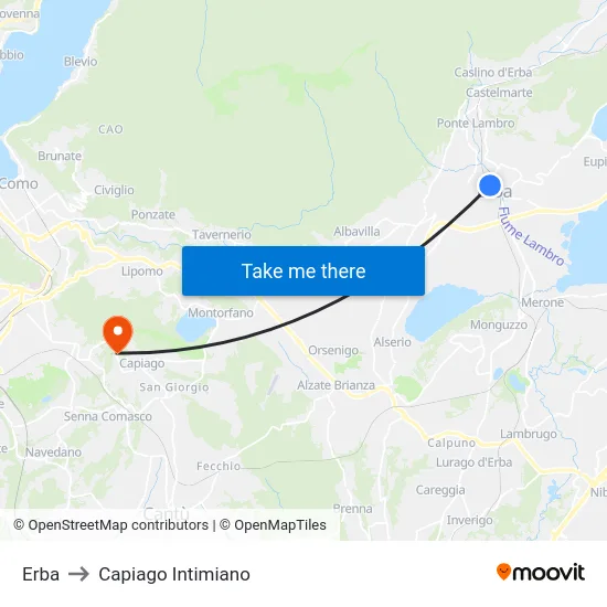 Erba to Capiago Intimiano map