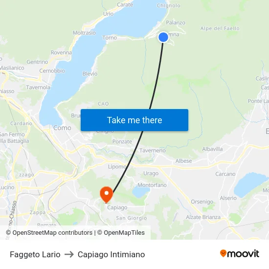 Faggeto Lario to Capiago Intimiano map