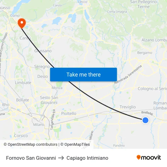 Fornovo San Giovanni to Capiago Intimiano map