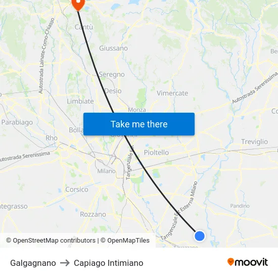 Galgagnano to Capiago Intimiano map