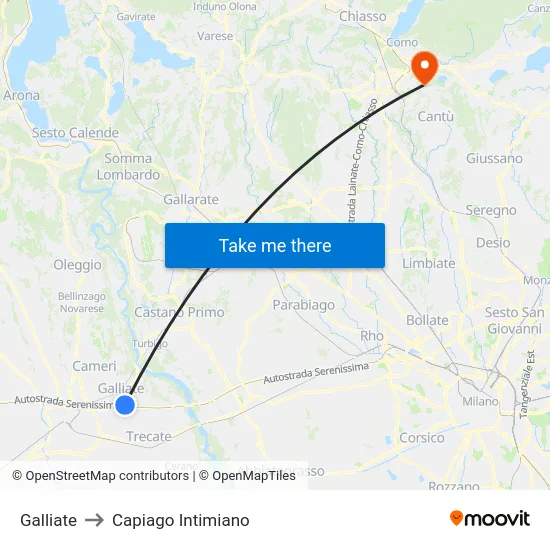 Galliate to Capiago Intimiano map