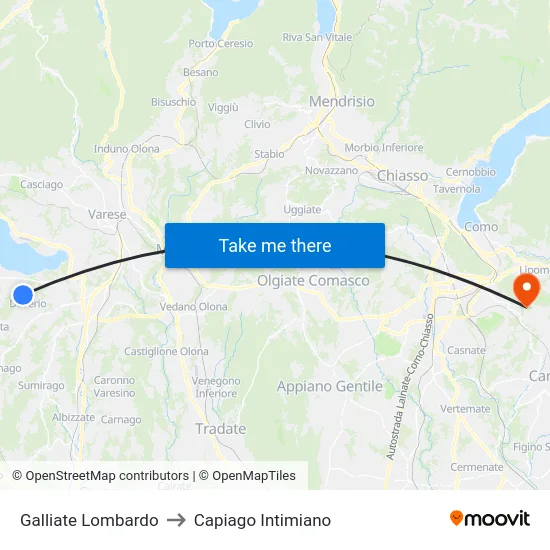 Galliate Lombardo to Capiago Intimiano map