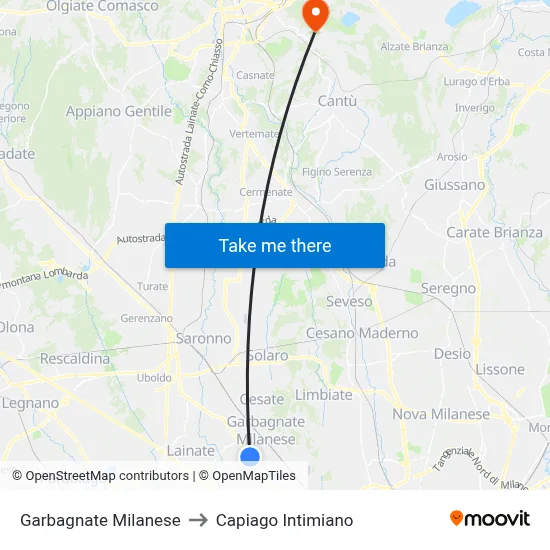 Garbagnate Milanese to Capiago Intimiano map